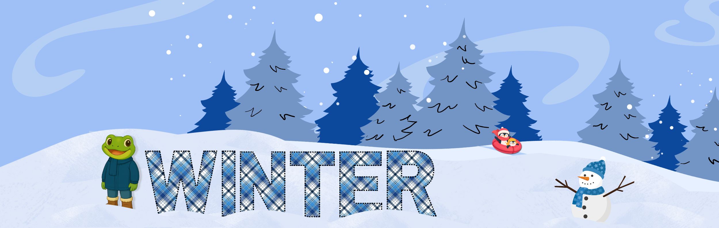 Image of frog in a winter wonderland with the words winter